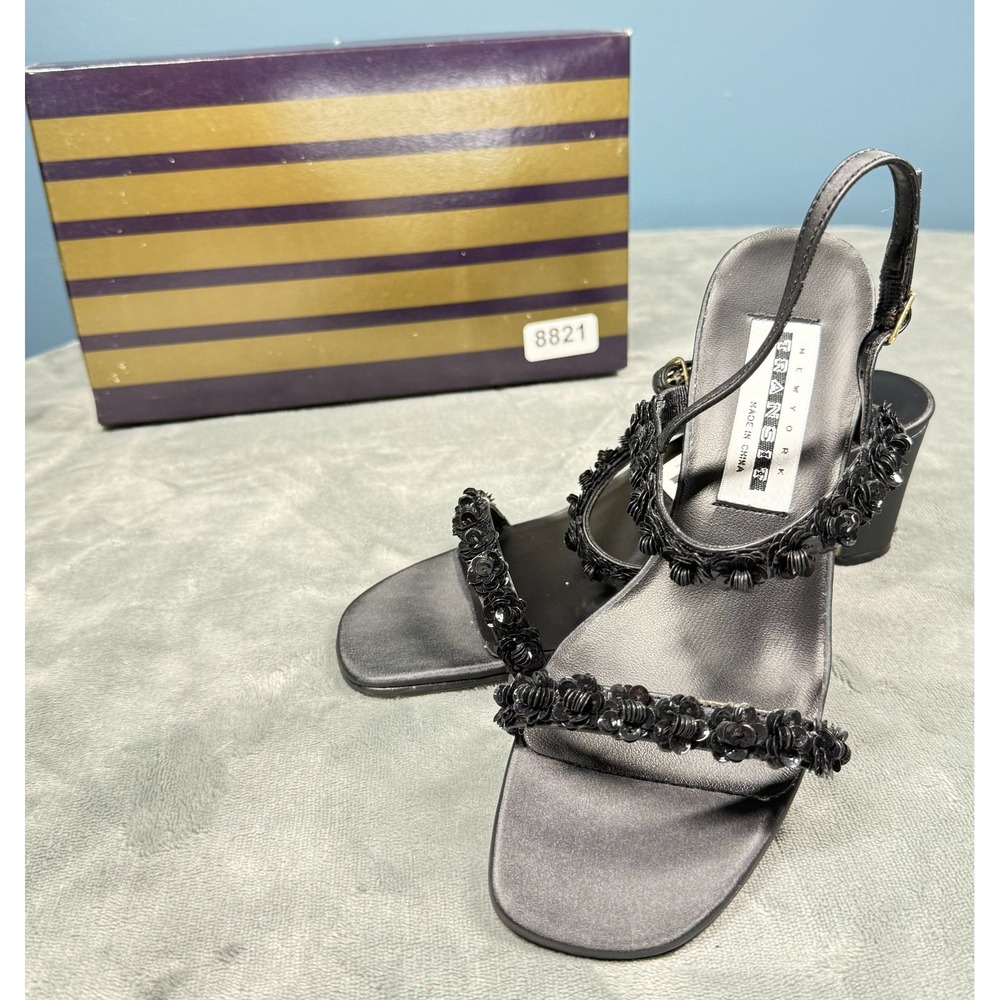 Transit New York Womens 7M Black Sequin Floral Sandals Block Heel